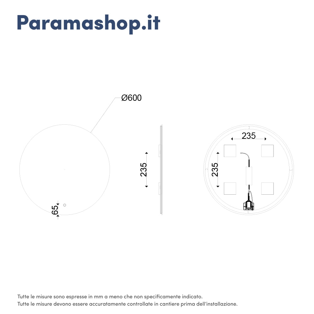 Specchio led tondo Ã˜ 60 cm 3 mm retroilluminato luce fredda con sensore touch-screen | Alcor