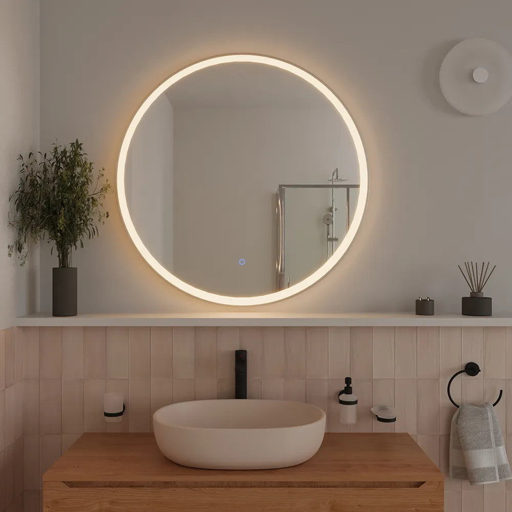 Specchio led tondo Ø 80 cm cornice bianco opaco touch screen luce calda/fredda