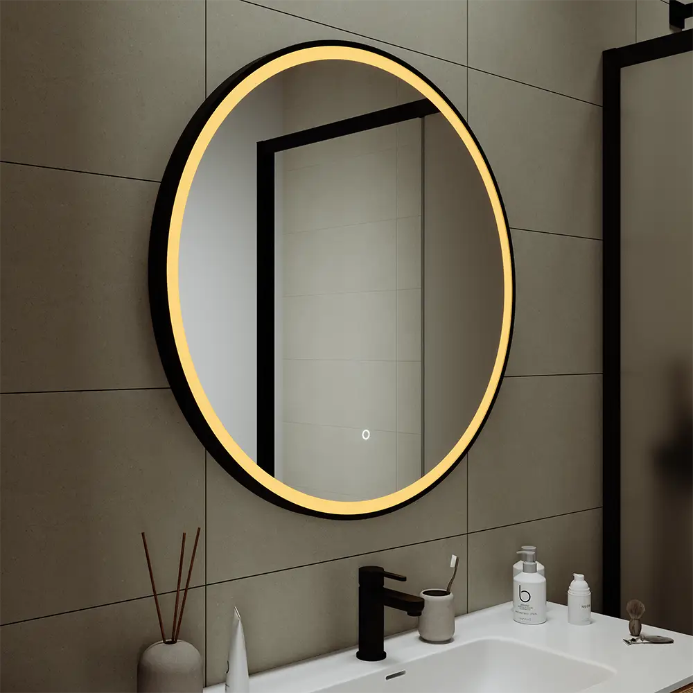 Specchio led tondo Ã˜ 80 cm con cornice nero opaco e sensore touch-screen
