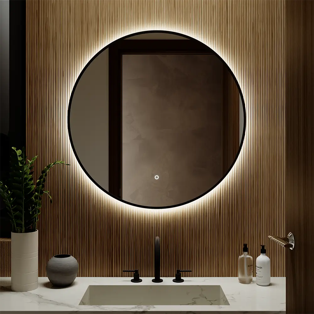 Specchio led tondo Ã˜ 80 cm con cornice nero opaco retroilluminato sensore touch-screen