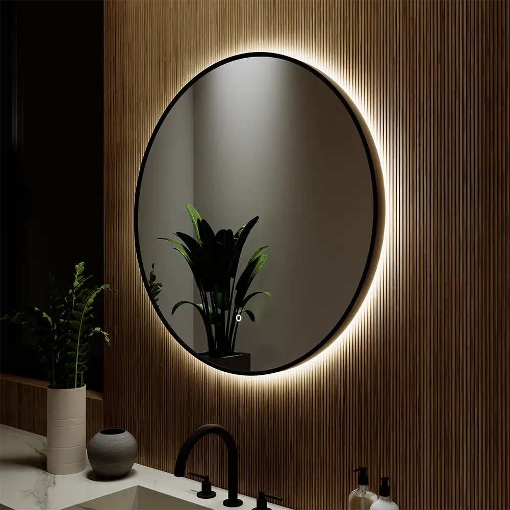 Specchio led tondo Ã˜ 80 cm con cornice nero opaco retroilluminato sensore touch-screen