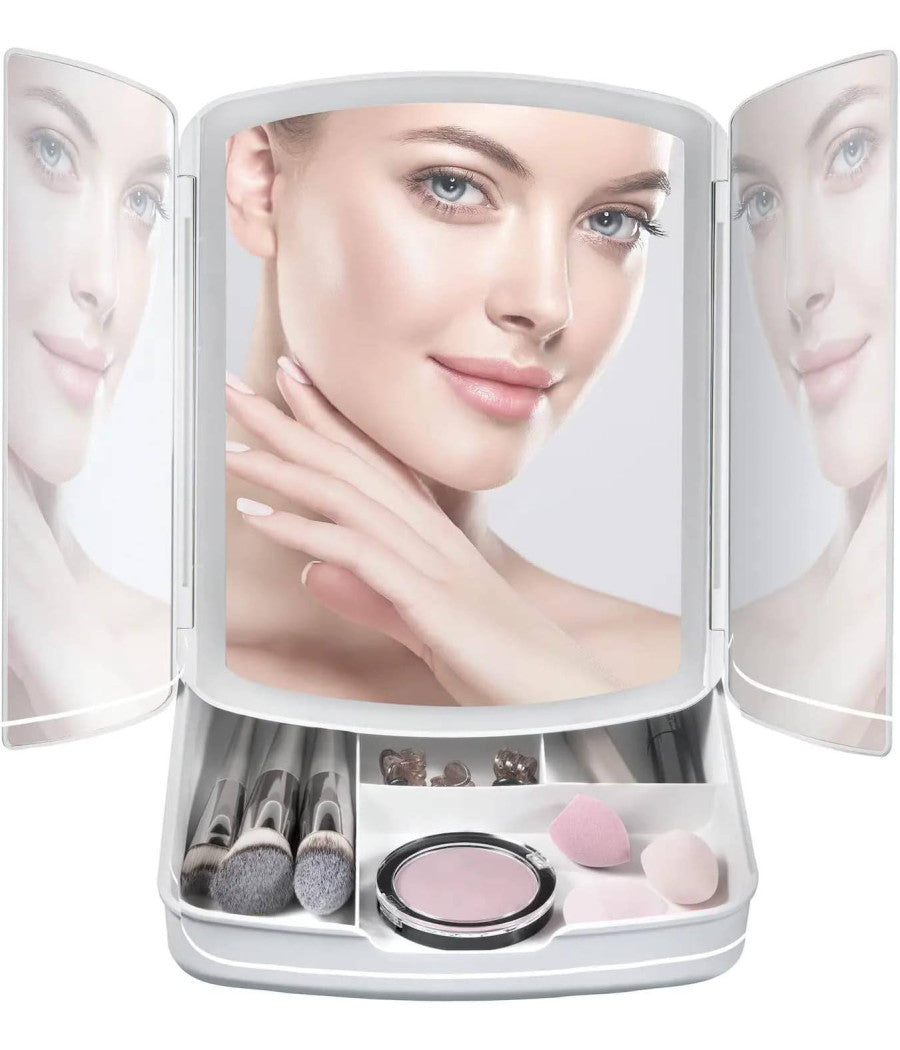 Specchio Make Up Con Luci A Led E Cassetti Per Trucco Regolabile Pieghevole Away         