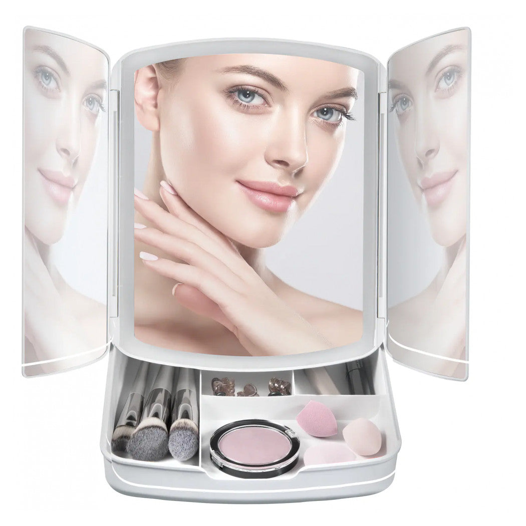 Trade Shop - Specchio Make Up Con Luci Led Cassetti Per Trucco Regolabile Pieghevole 720013 -