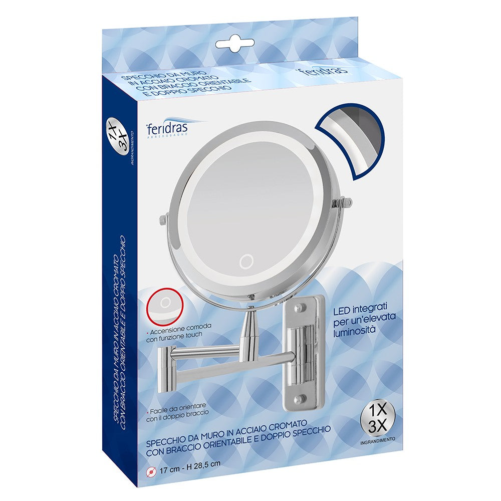 Specchio per trucco con luce LED e braccio orientabile in acciaio cromo