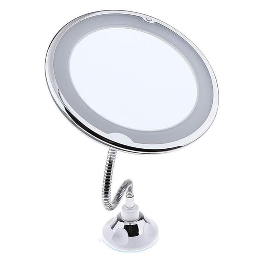 Trade Shop - Specchio Per Trucco Ingrandimento 10x Led Rotazione A 360° Ventosa Tubo Metallo Rotondo -