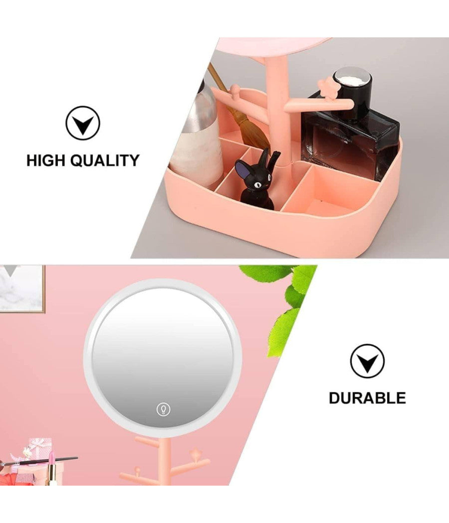 Specchio Per Trucco Makeup Da Tavolo Con Luce A Led Ricaricabile + Portagioielli         
