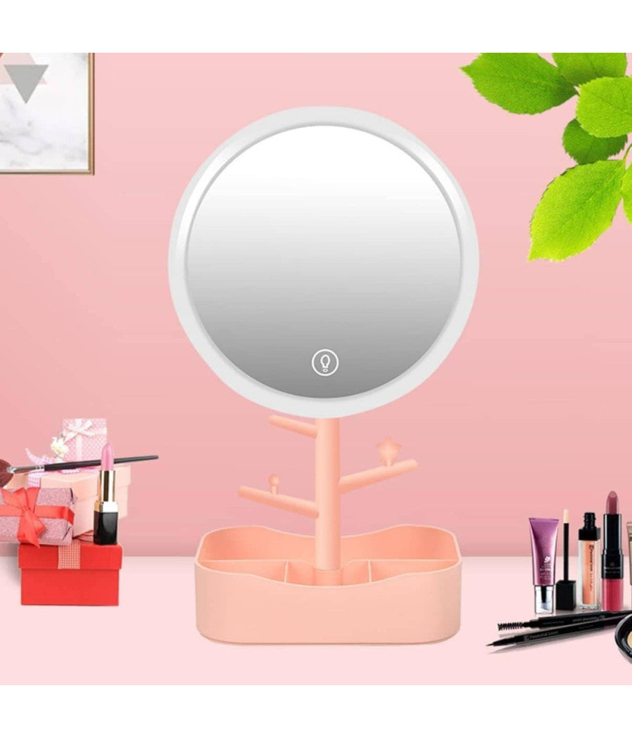 Specchio Per Trucco Makeup Da Tavolo Con Luce A Led Ricaricabile + Portagioielli         