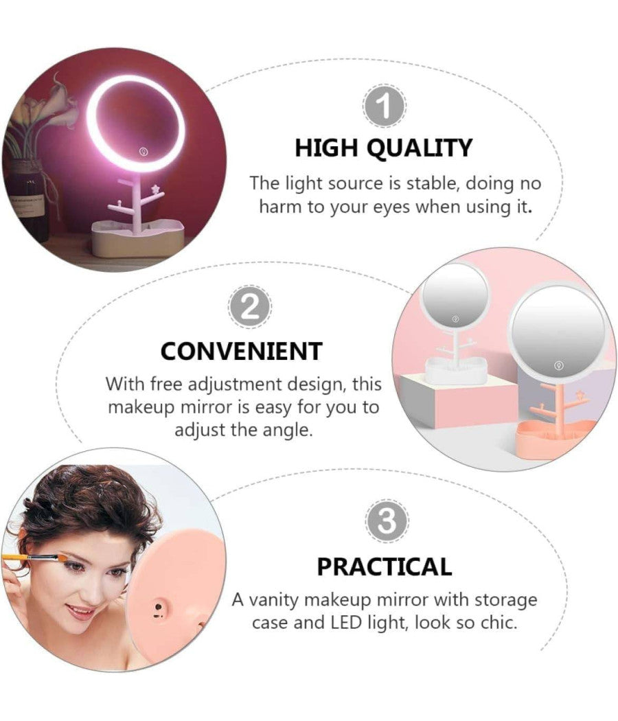 Specchio Per Trucco Makeup Da Tavolo Con Luce A Led Ricaricabile + Portagioielli         