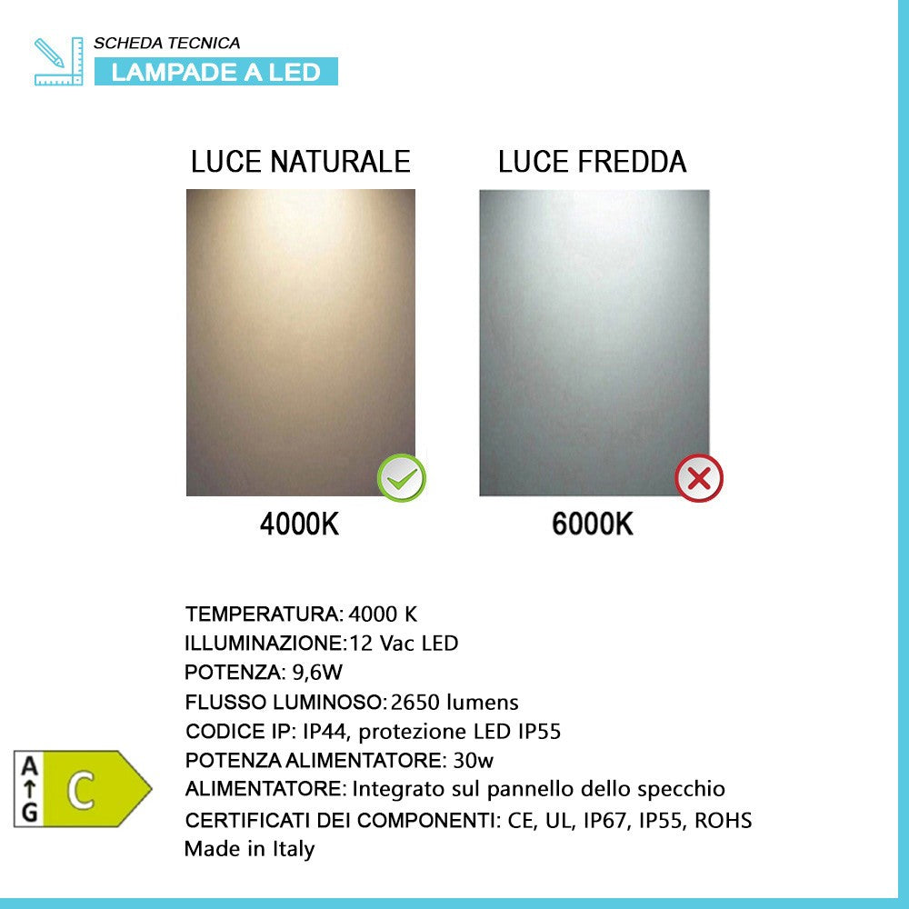 Specchio reversibile 70x80 illuminazione perimetrale LED e spessore 4 mm