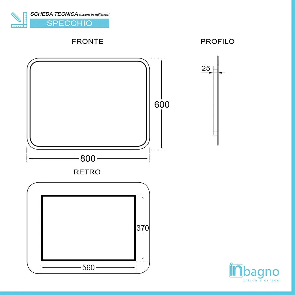 Specchio serigrafato bagno con telaio 80x60 cm installazione reversibile
