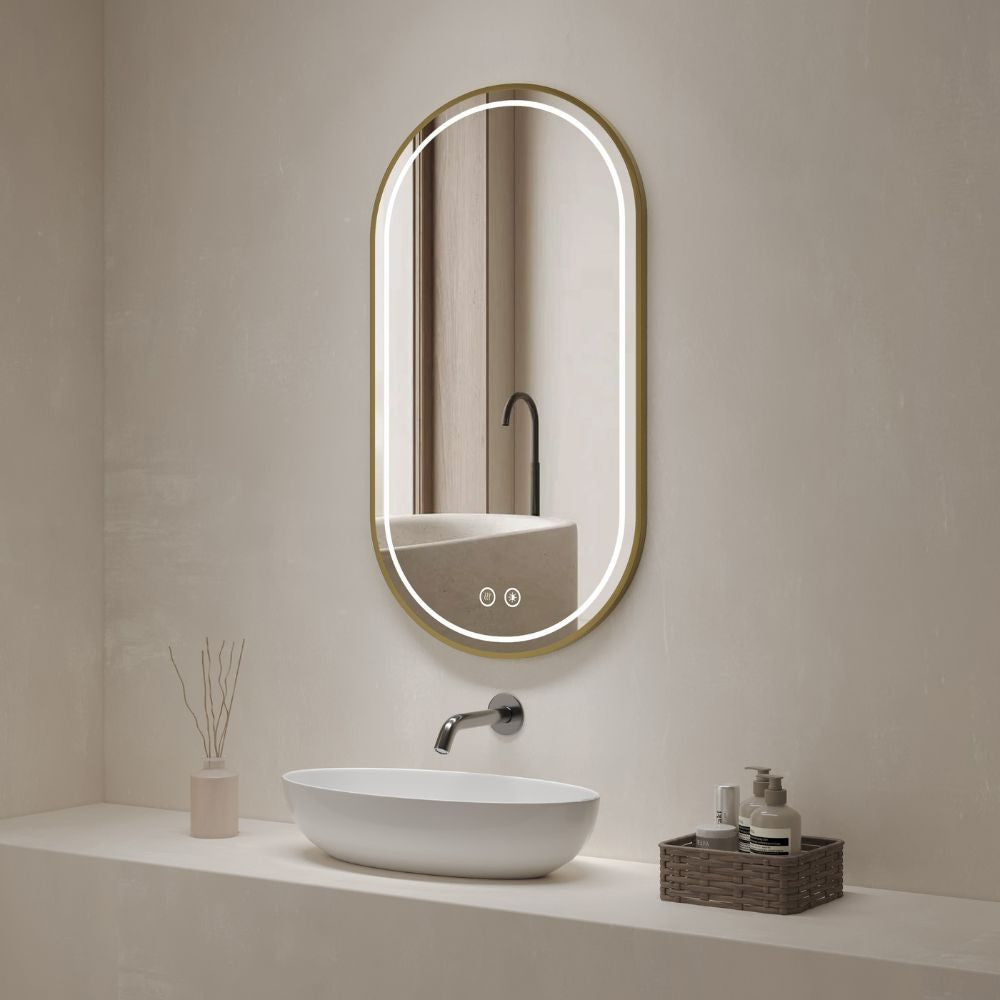 Specchio smart ovale anti-appannamento YJ-2004ORO 90x60 con cornice oro in acciaio inox satinato