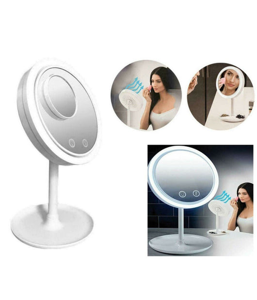Specchio Trucco A Led Illuminato + Ventola Asciuga Trucco 2 Specchi 1x 5x         
