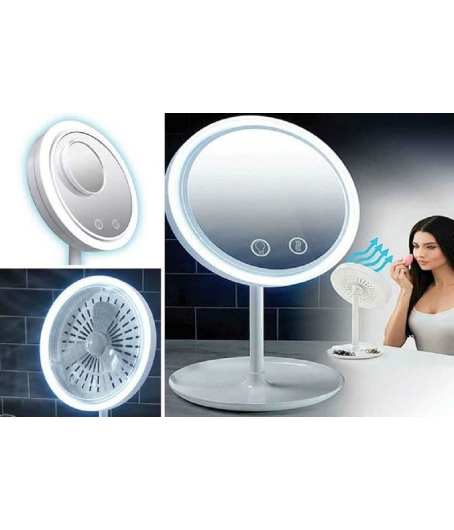 Specchio Trucco A Led Illuminato + Ventola Asciuga Trucco 2 Specchi 1x 5x         
