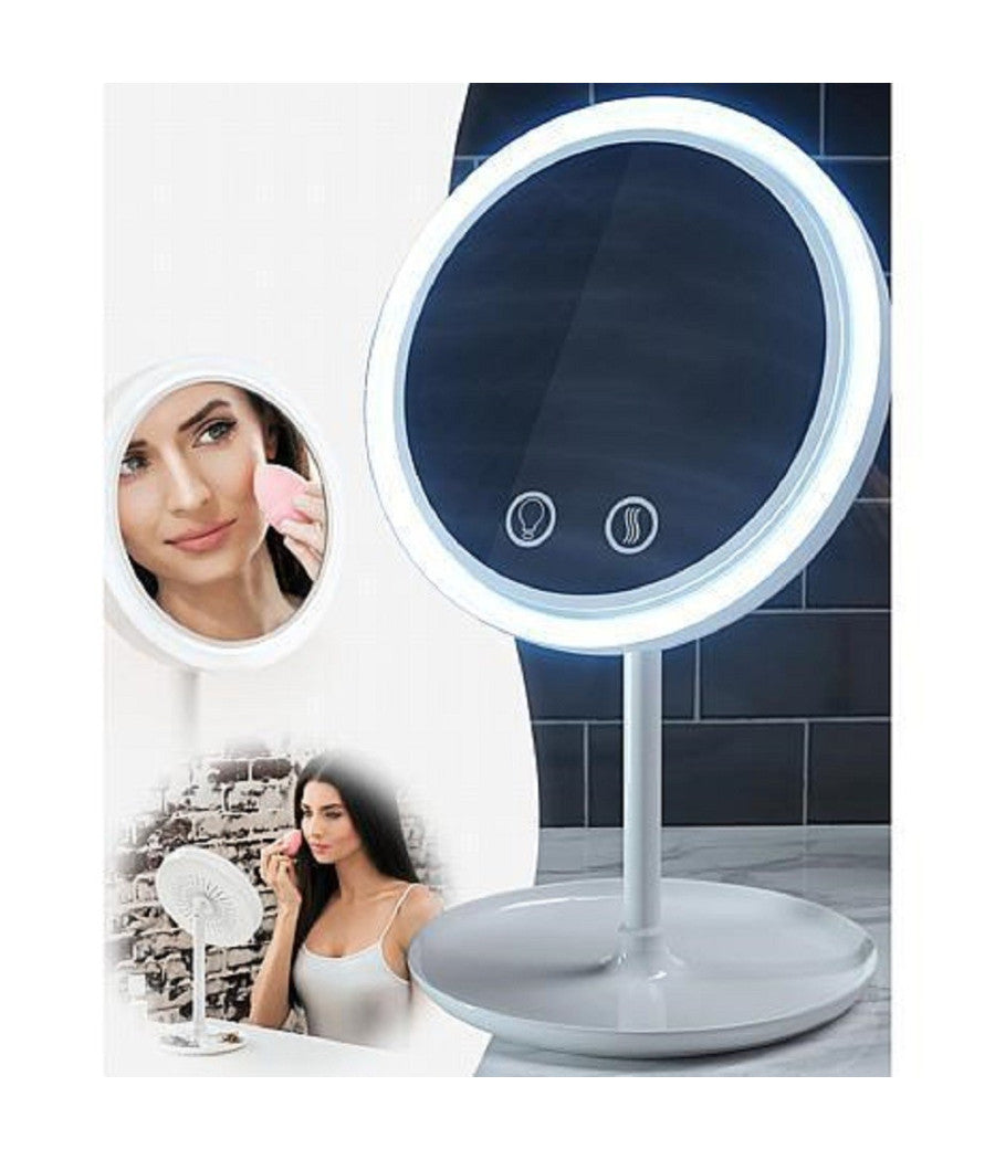 Specchio Trucco A Led Illuminato + Ventola Asciuga Trucco 2 Specchi 1x 5x         