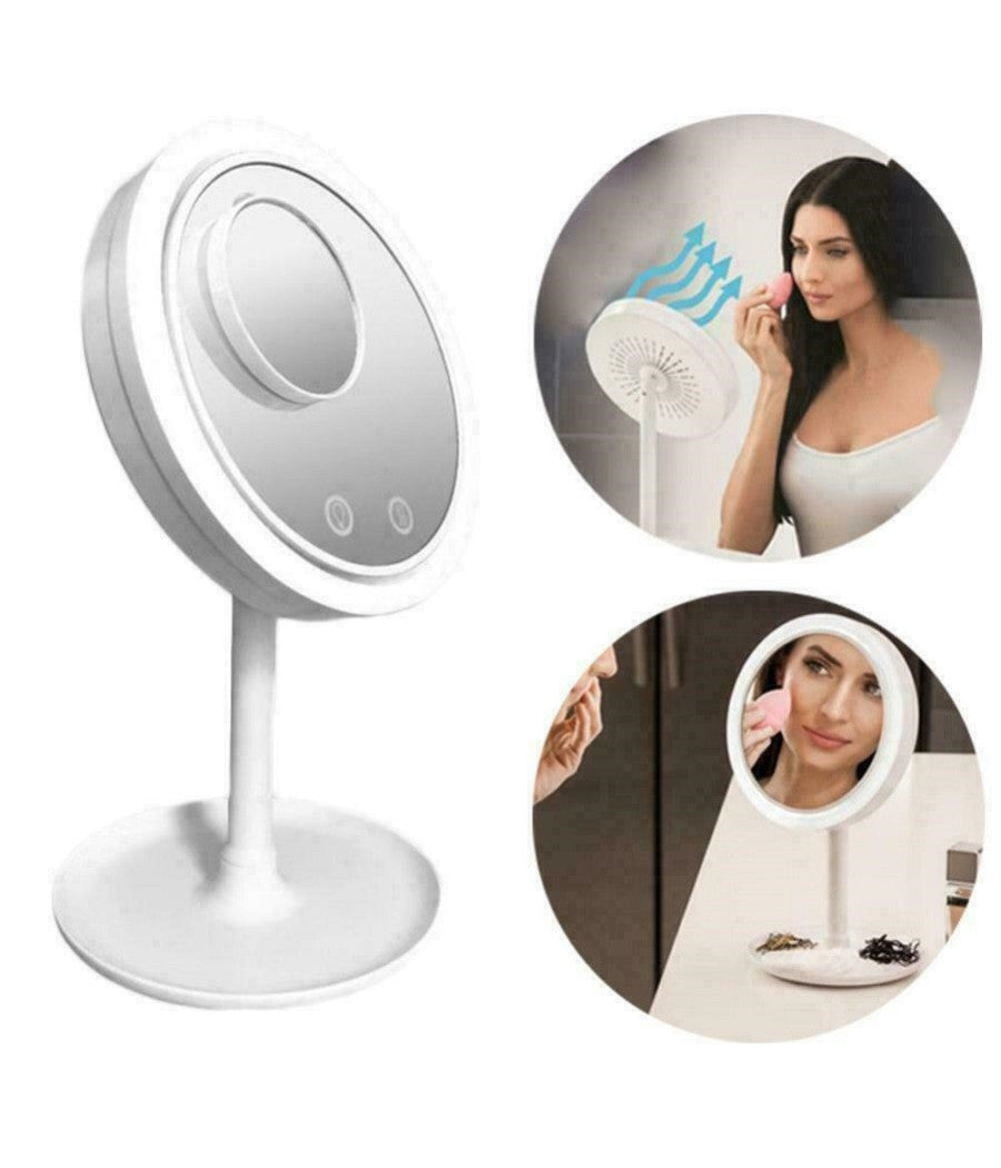 Specchio Trucco A Led Illuminato + Ventola Asciuga Trucco 2 Specchi 1x 5x         