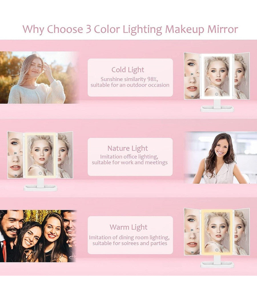 Specchio Trucco Con Ingranditore 10x 3x 2x Illuminazione A 3 Colori 72 Led Touch         