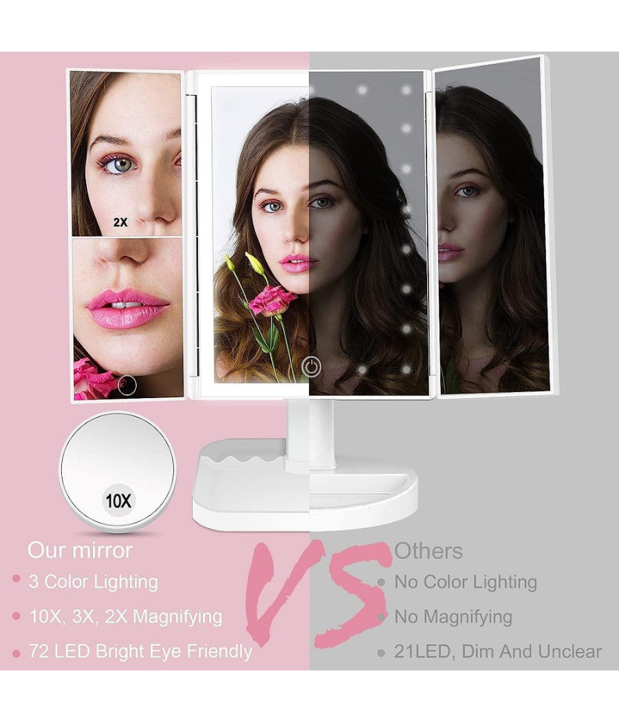 Specchio Trucco Con Ingranditore 10x 3x 2x Illuminazione A 3 Colori 72 Led Touch         