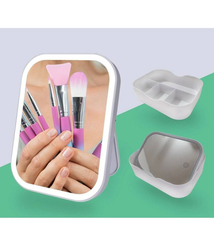 Specchio Trucco Illuminato Con Luci Led Ricaricabile + Organizer Trucchi Make Up         