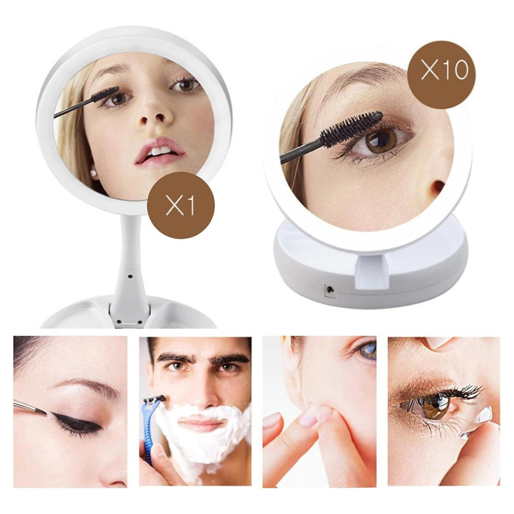 Trade Shop - Specchio Trucco Luce Led Da Tavolo Bifacciale 10x/1x 360° Contenitore Portatile Pieghevole -