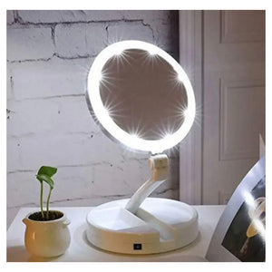 Trade Shop - Specchio Trucco Luce Led Da Tavolo Bifacciale 10x/1x 360° Contenitore Portatile Pieghevole -