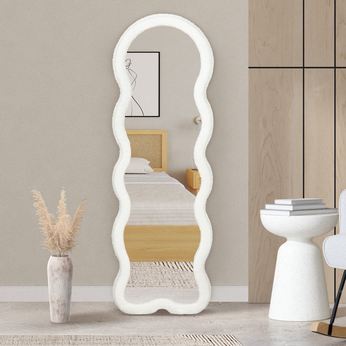 IDMarket - Specchio Wave in tessuto bouclette crema 150 x 50 cm