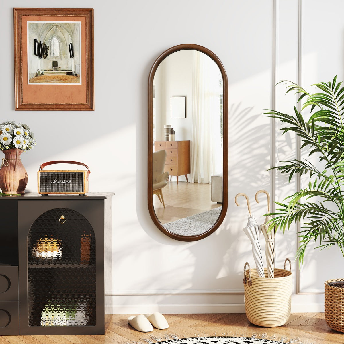 Specchio a figura intera con cornice in legno per soggiorno camera da letto bagno ingresso, Specchio sospeso 110 x 45 cm Noce-Specchi da parete