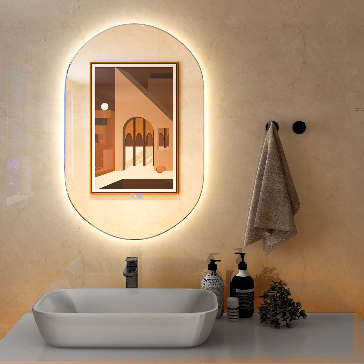 Specchio bagno antiesplosione con luce LED 80x50cm, Specchio a parete ovale con 3 tonalit¨¤ di luce pulsanti touch-Specchi da parete