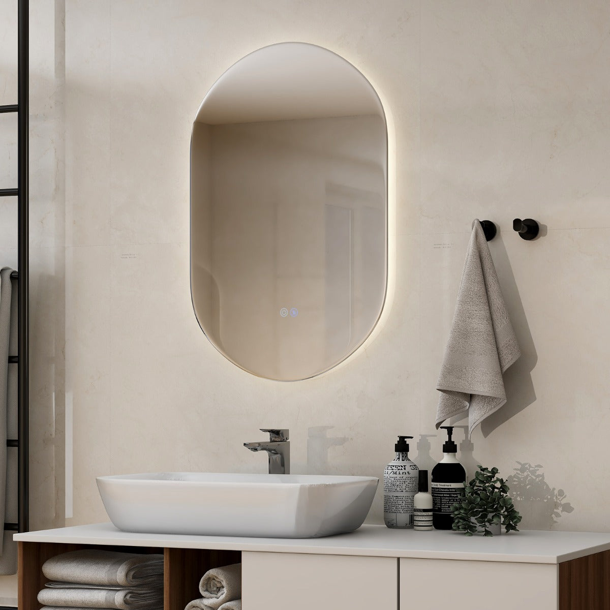 Specchio bagno antiesplosione con luce LED 80x50cm, Specchio a parete ovale con 3 tonalit¨¤ di luce pulsanti touch-Specchi da parete