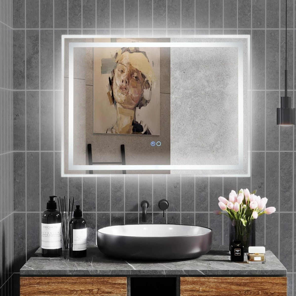 Specchio da bagno LED 80x60cm con luce dimmabile a 3 colori interruttore touch, Specchio rettangolare da muro-Specchi da parete