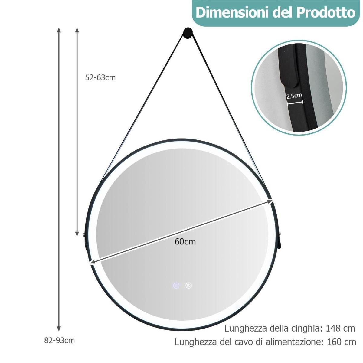 Specchio da bagno con funzione anti appannamento luce a LED di 3 temperature di colore, Specchio da appendere-Specchi da parete