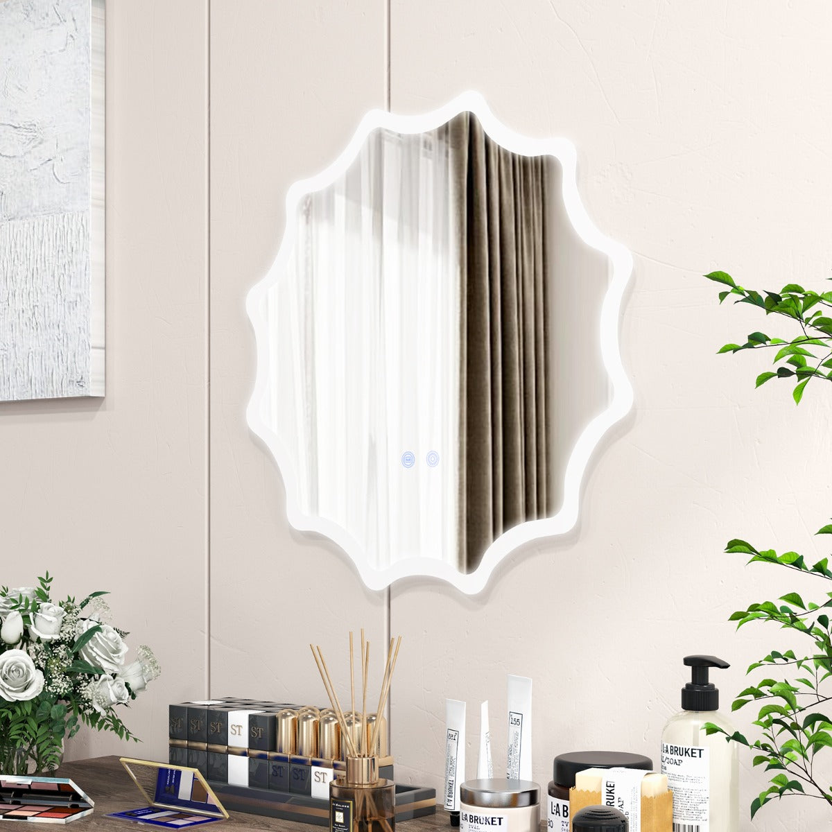 Specchio da bagno a LED 60x60cm con bordo ondulato e luci a 3 colori e anti-appannamento, Specchio da parete Argento-Specchi da parete
