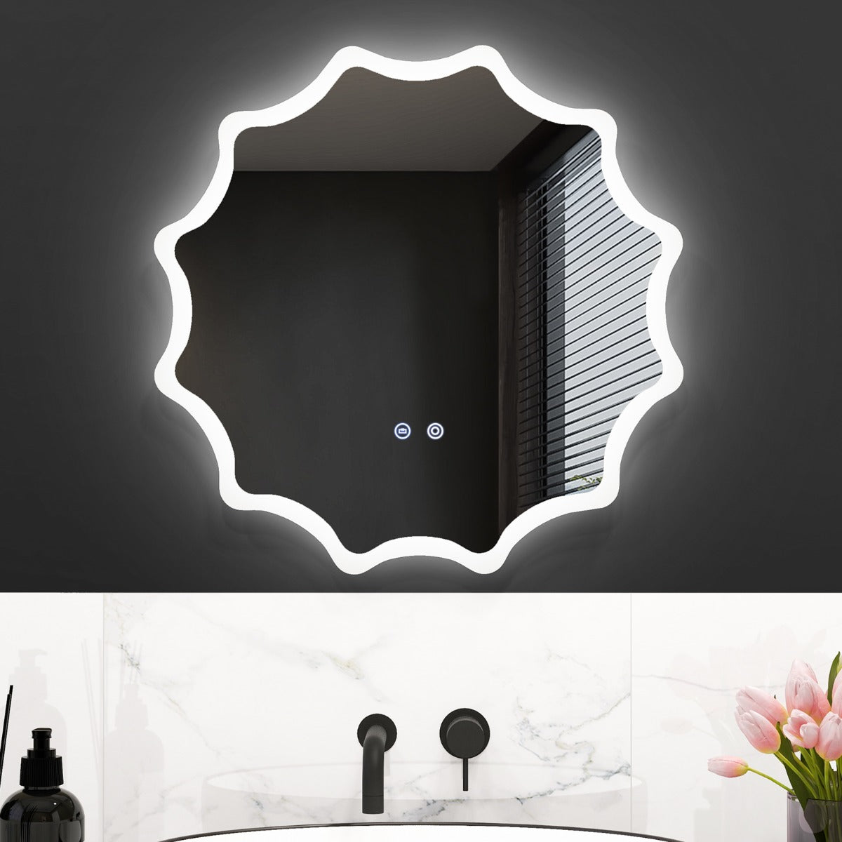 Specchio da bagno a LED 60x60cm con bordo ondulato e luci a 3 colori e anti-appannamento, Specchio da parete Argento-Specchi da parete