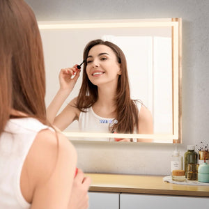 Specchio da bagno a LED antappato, Specchio da trucco montato a parete impermeabile con 3 colori schermo tattile 90x70cm-Specchi da parete