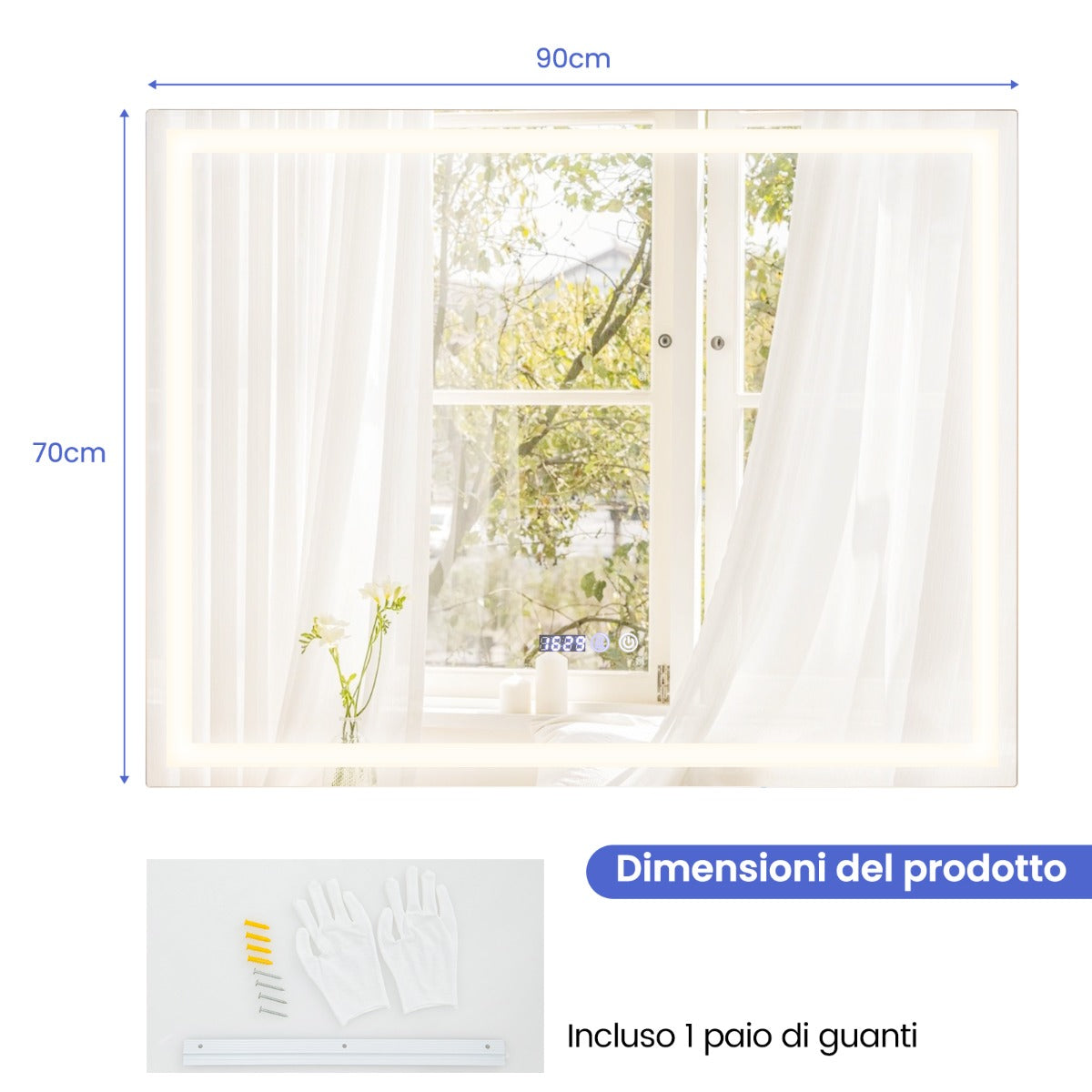 Specchio da bagno a LED antappato, Specchio da trucco montato a parete impermeabile con 3 colori schermo tattile 90x70cm-Specchi da parete