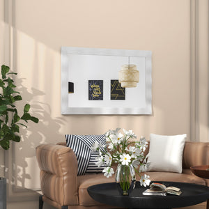 Specchio da parete cornice in legno di gomma superficie irregolare, Specchio rettangolare da 106x71,5cm Bianco-Specchi da parete