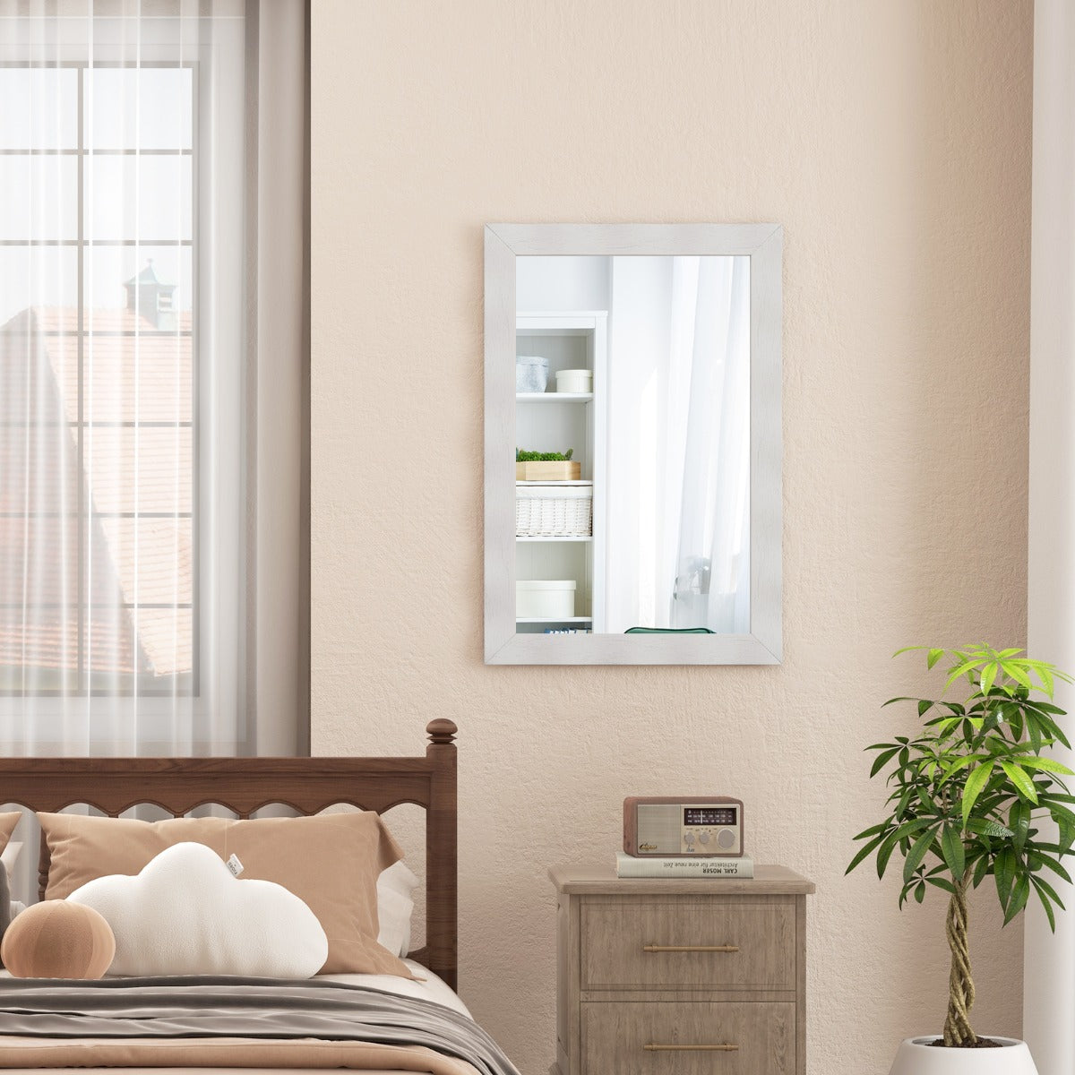 Specchio da parete cornice in legno di gomma superficie irregolare, Specchio rettangolare da 106x71,5cm Bianco-Specchi da parete