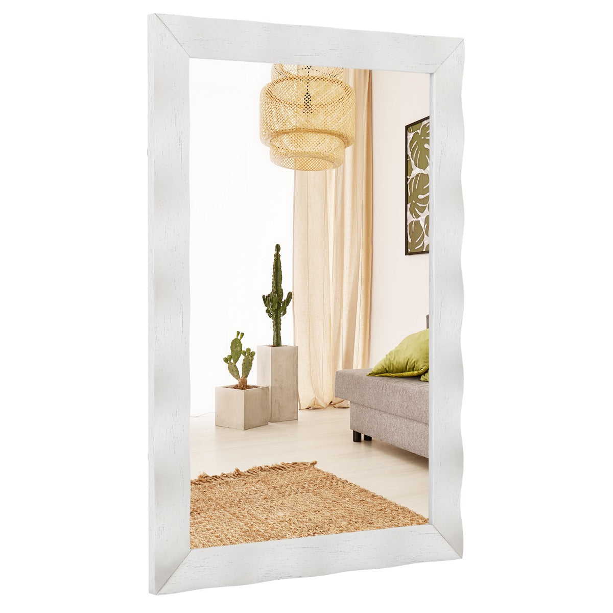 Specchio da parete cornice in legno di gomma superficie irregolare, Specchio rettangolare da 106x71,5cm Bianco-Specchi da parete
