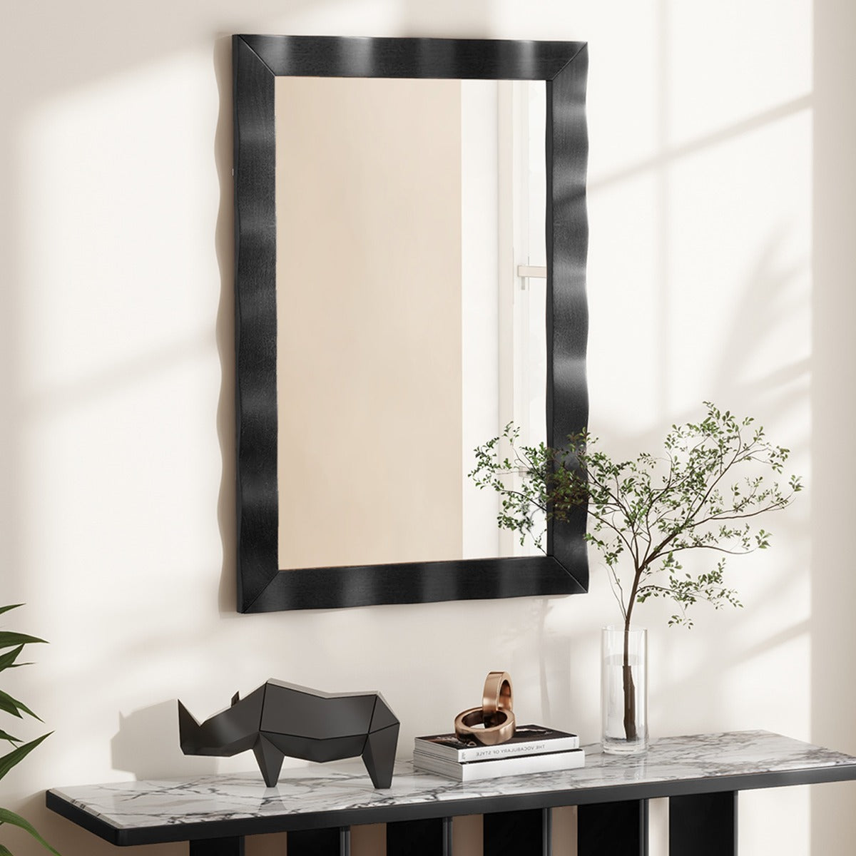 Specchio da parete cornice in legno di gomma superficie irregolare, Specchio rettangolare da 106x71,5cm Nero-Specchi da parete