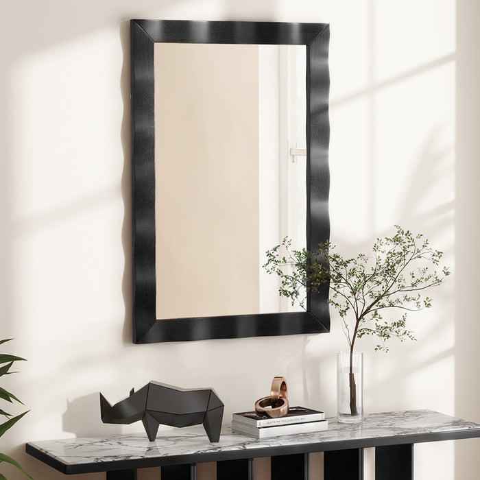 Specchio da parete cornice in legno di gomma superficie irregolare, Specchio rettangolare da 106x71,5cm Nero-Specchi da parete