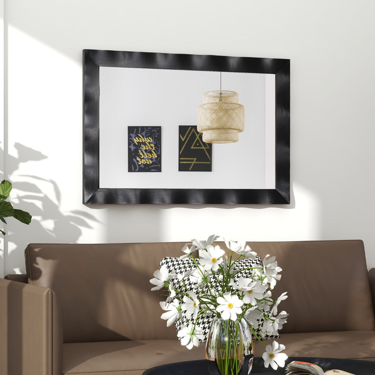 Specchio da parete cornice in legno di gomma superficie irregolare, Specchio rettangolare da 106x71,5cm Nero-Specchi da parete