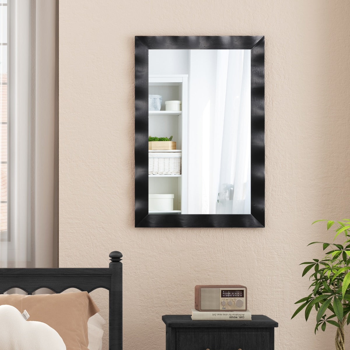 Specchio da parete cornice in legno di gomma superficie irregolare, Specchio rettangolare da 106x71,5cm Nero-Specchi da parete