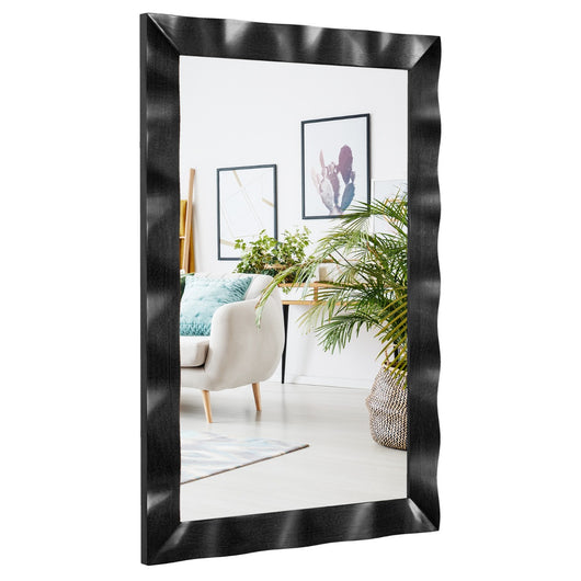 Specchio da parete cornice in legno di gomma superficie irregolare, Specchio rettangolare da 106x71,5cm Nero-Specchi da parete