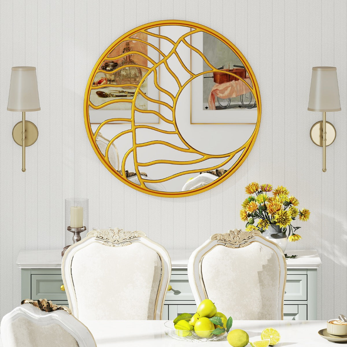 Specchio decorativo da parete rotondo grande 80 cm con cornice irregolare, Specchio da parete per soggiorno camera da letto Oro-Specchi da parete