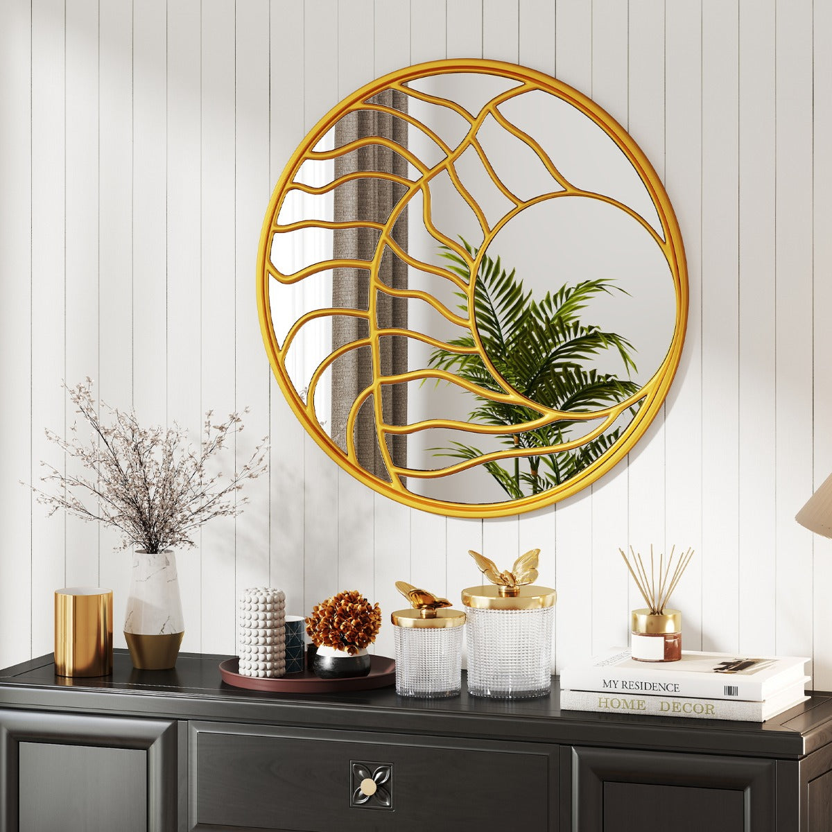Specchio decorativo da parete rotondo grande 80 cm con cornice irregolare, Specchio da parete per soggiorno camera da letto Oro-Specchi da parete