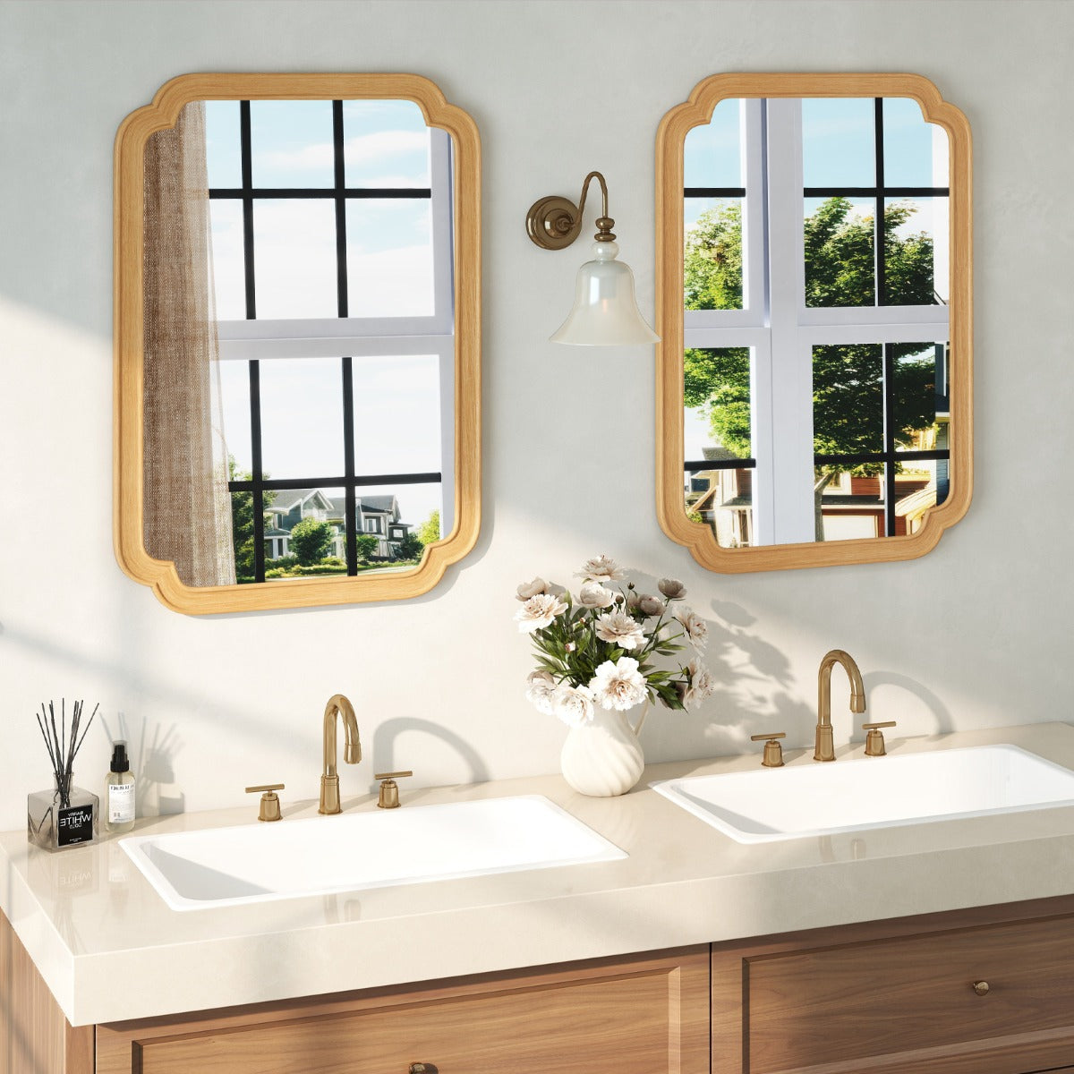 Specchio decorativo rettangolare in stile rustico per bagno soggiorno ingresso-Specchio da parete ad arco con angoli arrotondati Naturale