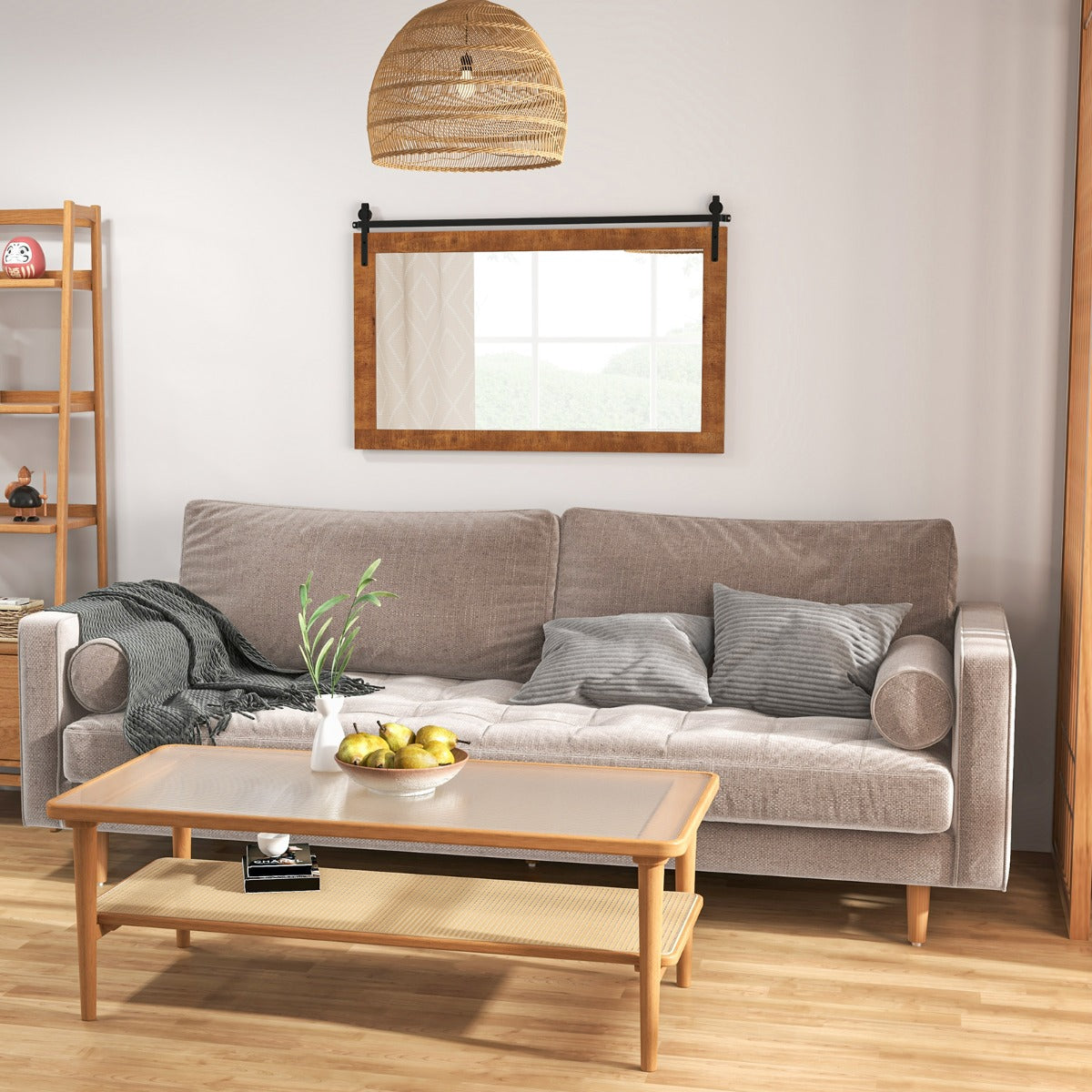 Specchio da parete con cornice in legno massiccio e staffa in metallo, Decorazione da parete in stile rustico Marrone-Specchi da parete