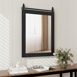 Specchio a parete farmhouse 76,5x56cm, Specchio a muro rettangolare con cornice in legno staffa in metallo Nero-Specchi da parete