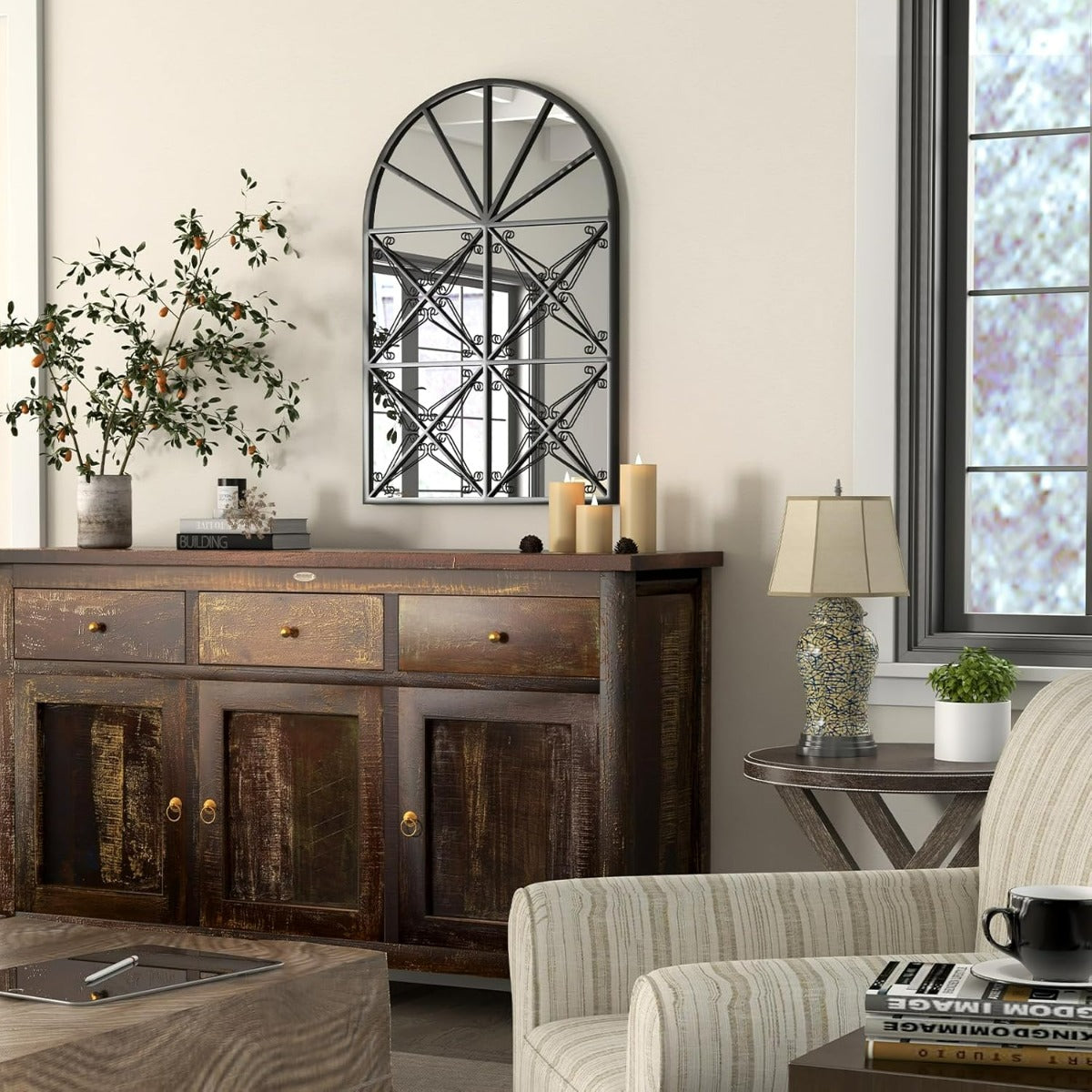 Specchio decorativo a finestra ad arco con cornice in metallo, Decorazione a finestra per camera da letto e bagno Nero-Specchi da parete