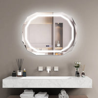 Specchio per bagno a LED con bordo smussato singolo e luce a 3 colori funzione di memoria, Specchio antappannamento-Specchi da parete