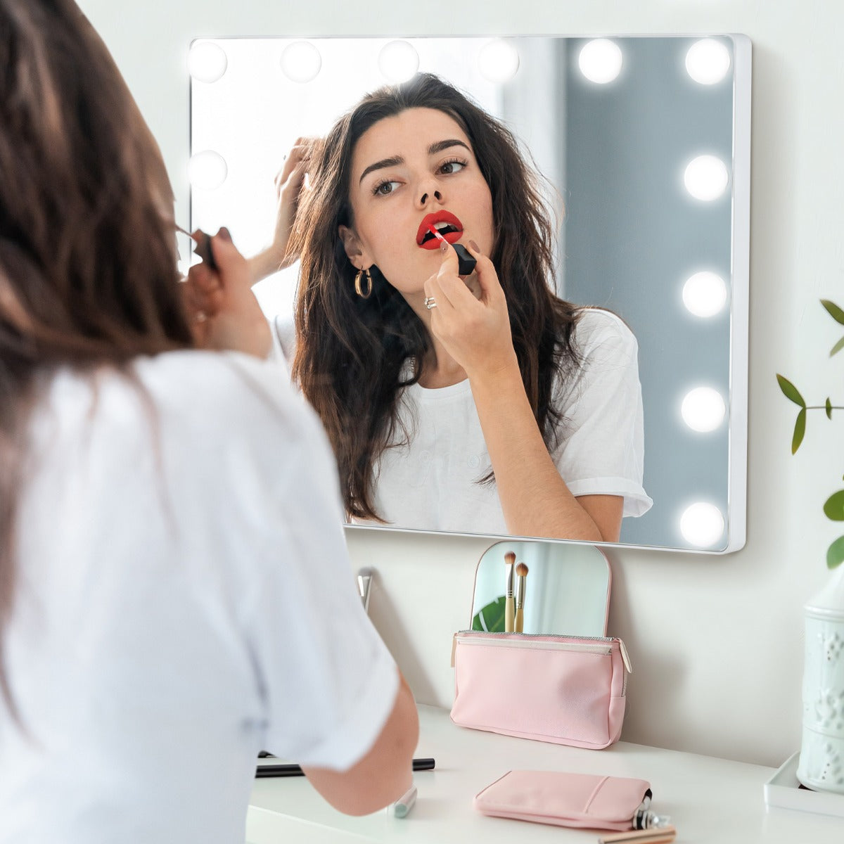 Specchio rettangolare per il trucco con 3 modalit¨¤ di illuminazione, Specchio da tavolo e da parete con 14 luci LED-Specchi per il trucco